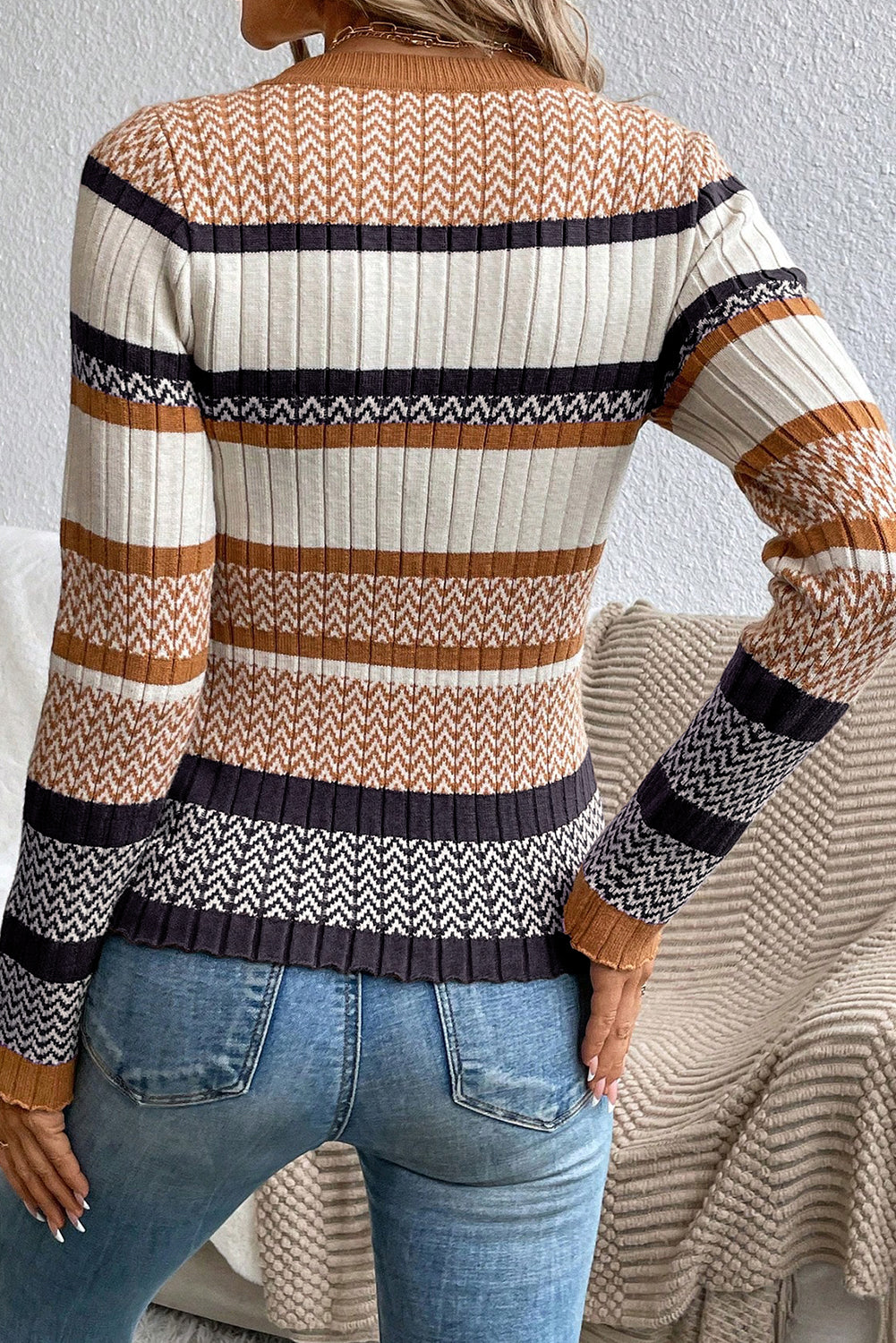 Stripe Stylish Pattern Knitted Ribbed Trim Slim Sweater