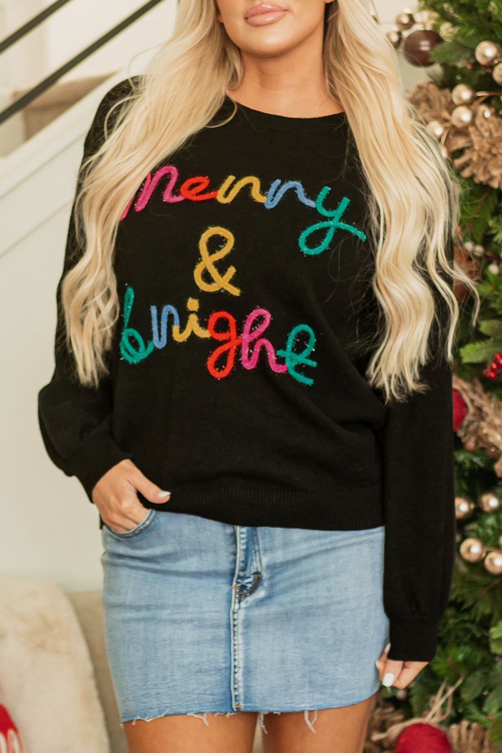 Black Merry and Bright Embroidered Holiday Sweater