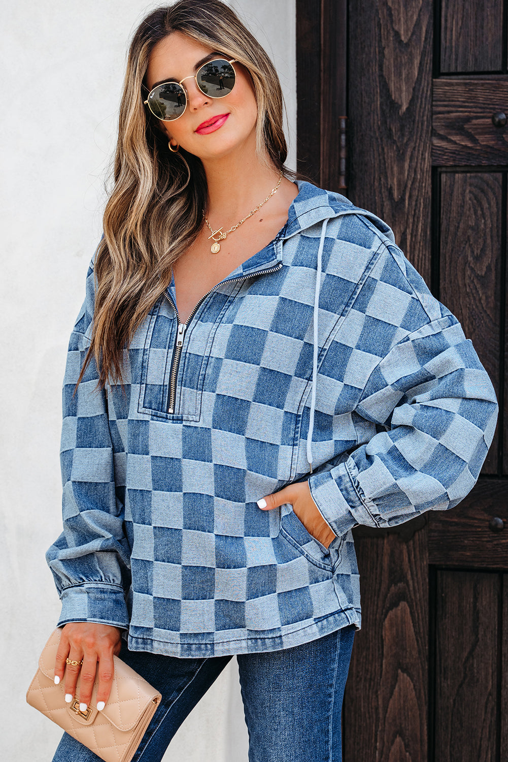 Checkerboard Quarter Zip Kangaroo Pocket Denim Top