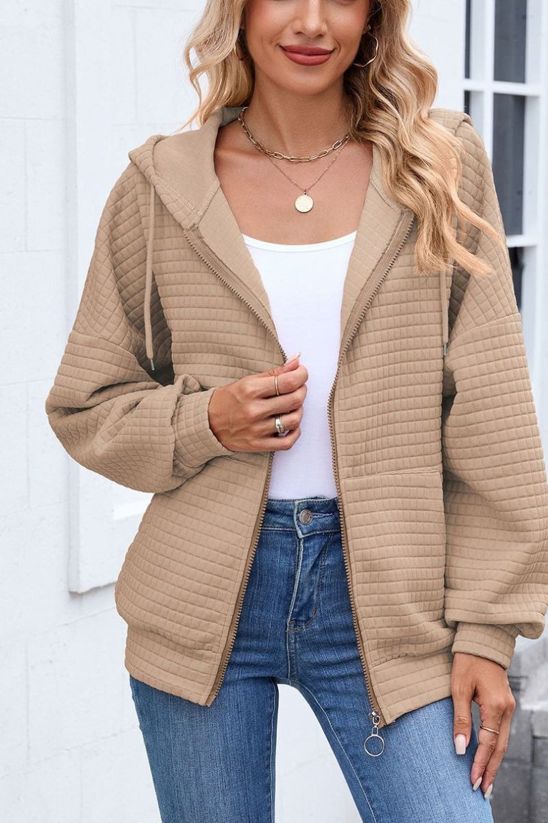 Quilted Zip-Up Hoodie Casual Long Sleeve Sweatshirt