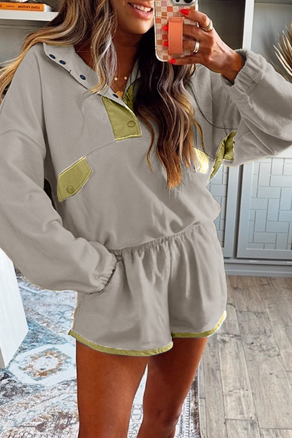Yellow Color Block Patchwork Half Button Pullover and Shorts 2pcs Outfit