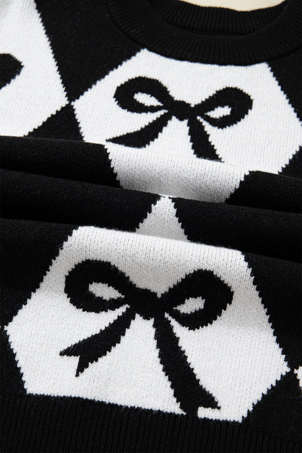 Bow Print Colorblock Rhombus Knit Sweater