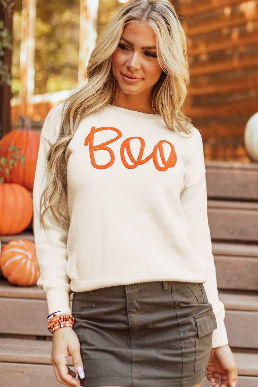 Boo Knitted Pattern Ribbed Edge Drop Sweater
