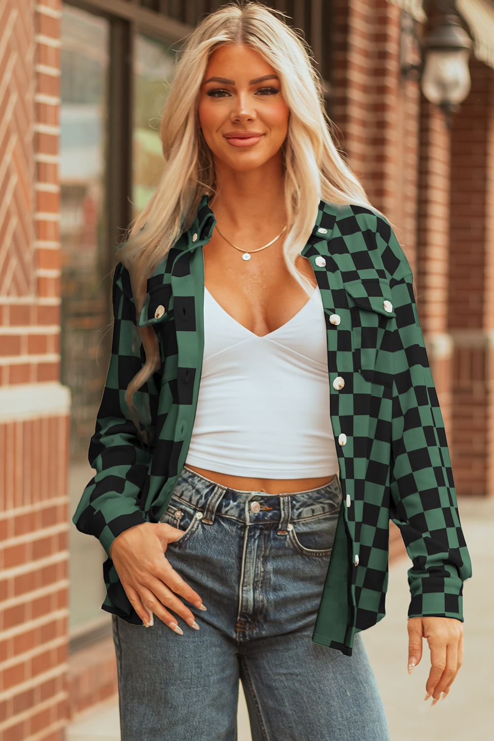 Checkerboard Flap Pocket Button Front Shacket
