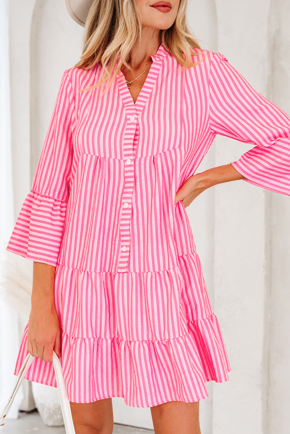 Pink Stripe V Neck Flare Sleeve Mini Dress