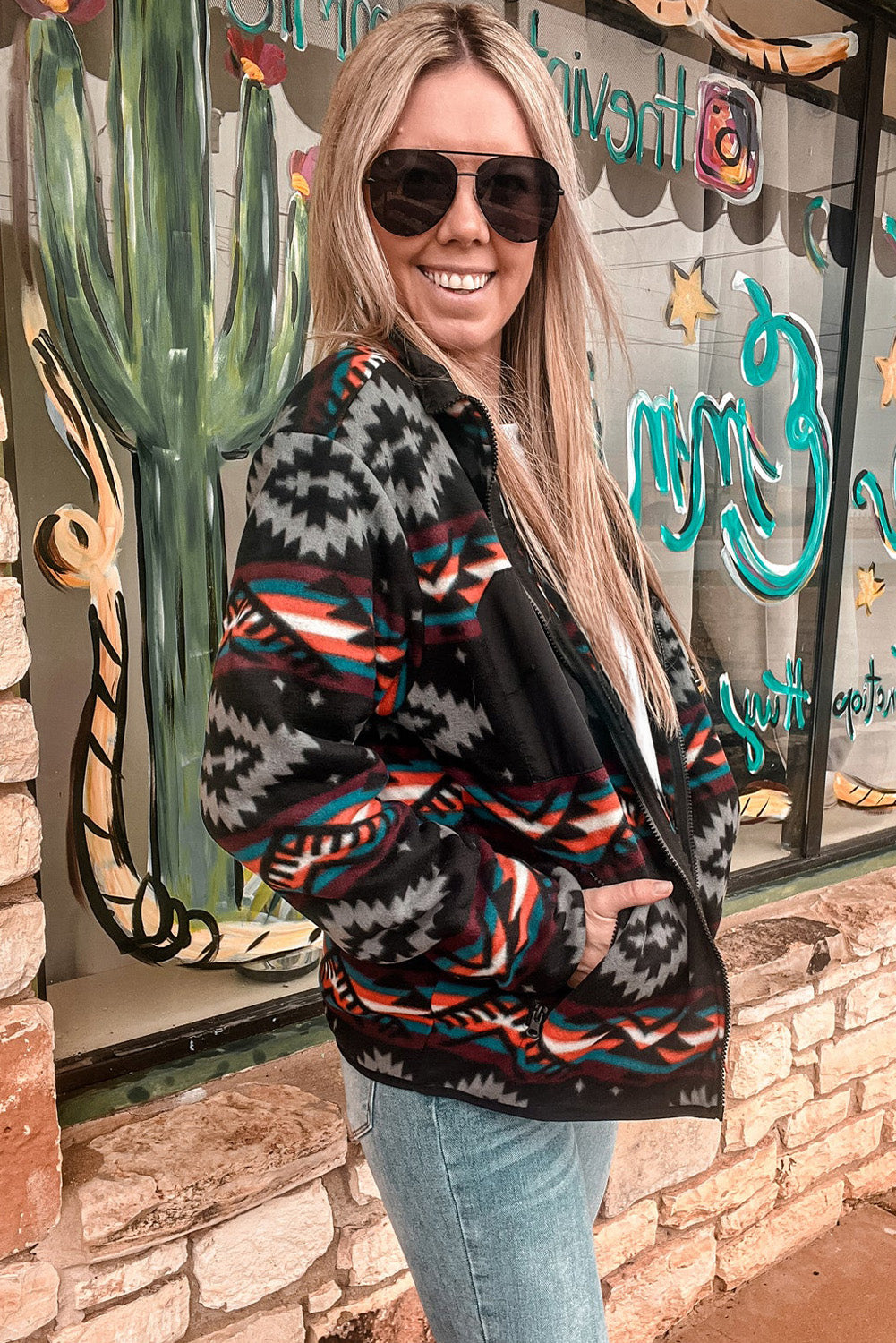 Black Aztec Print Zip Up Western Fleece Jacket