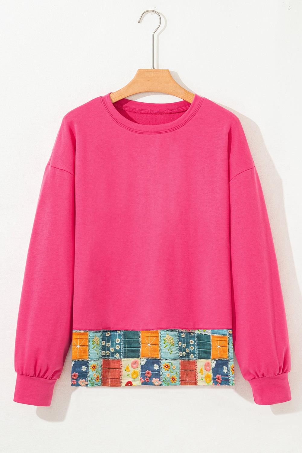 Strawberry Pink Floral Hemline Patchwork Casual Top