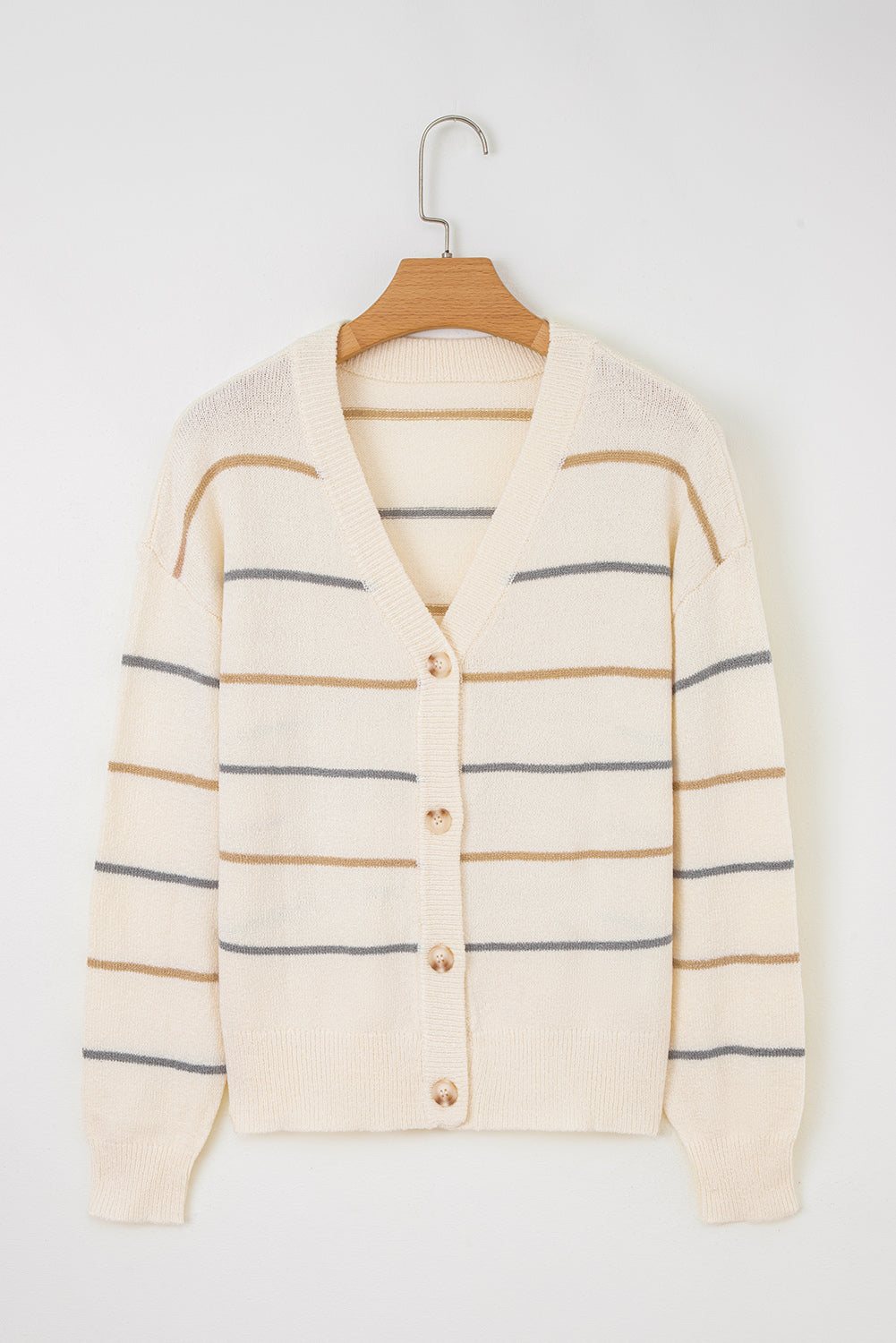 Striped Buttoned Front V Neck Drop Shoulder Cardigan Sweater
