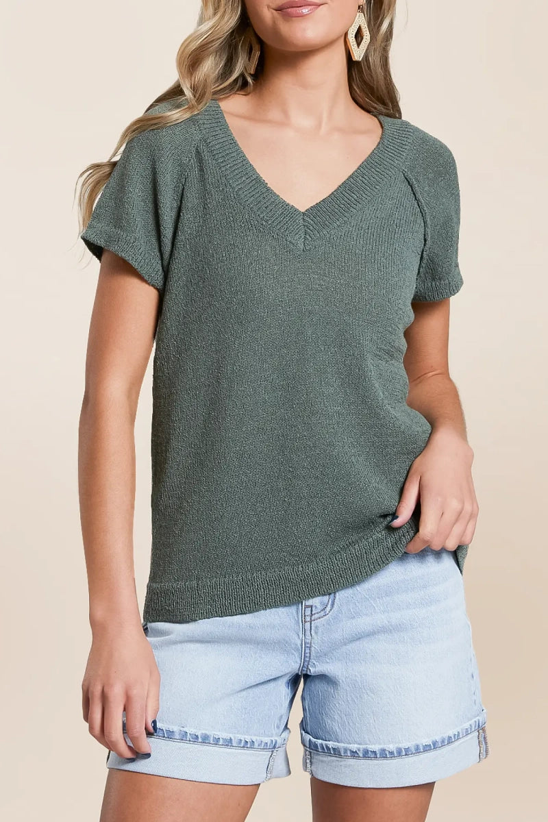 V Neck Short Sleeve Sweater Lightweight Knit Top