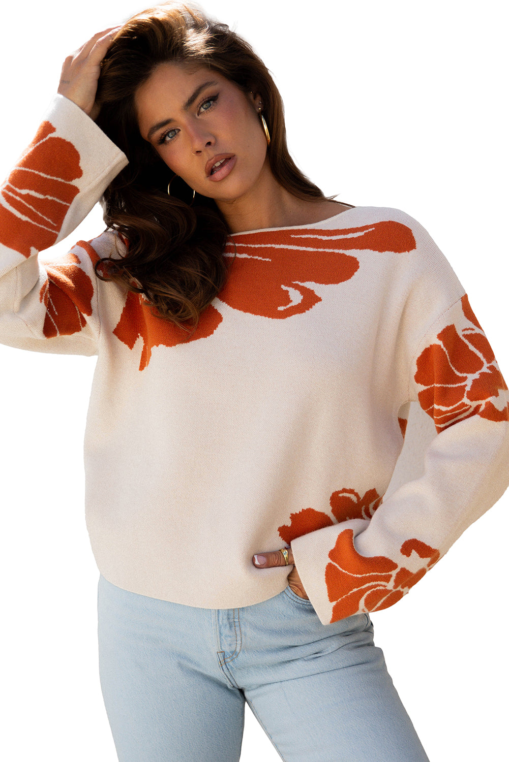 Bold Floral Pattern Wide Sleeve Oversized Sweater