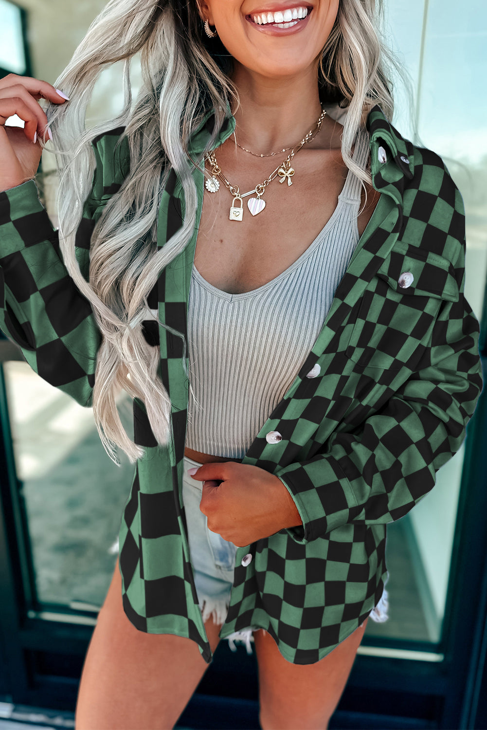 Checkerboard Plaid Button Front Casual Shacket