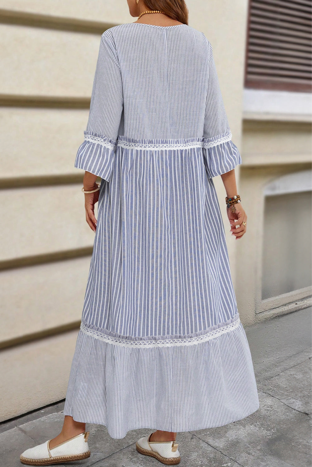 Stripe Patchwork Lace Detail Bracelet Sleeve Maxi Dress