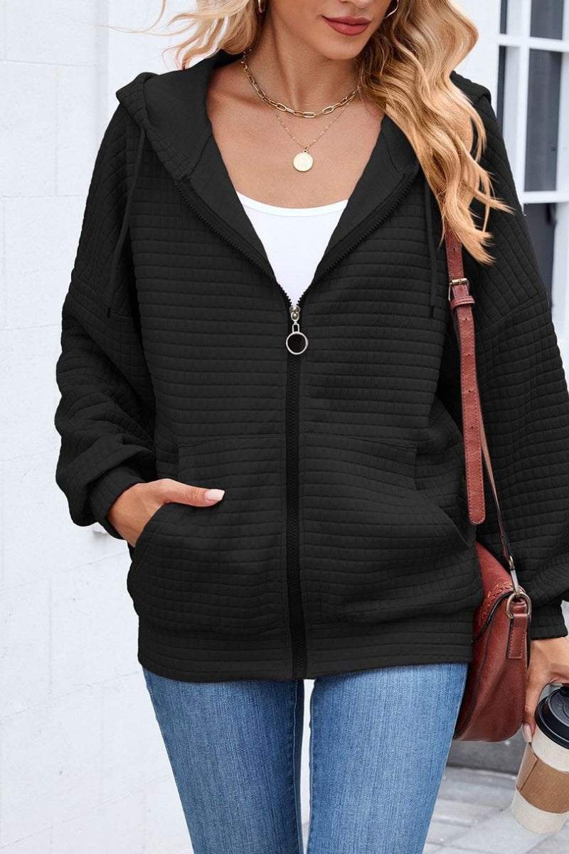 Quilted Zip-Up Hoodie Casual Long Sleeve Sweatshirt