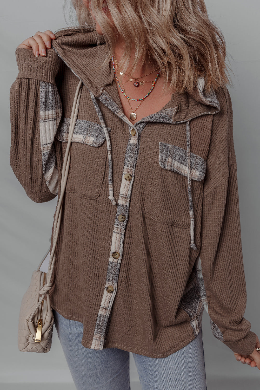 Plaid Patchwork Button Down Hooded Waffle Shacket