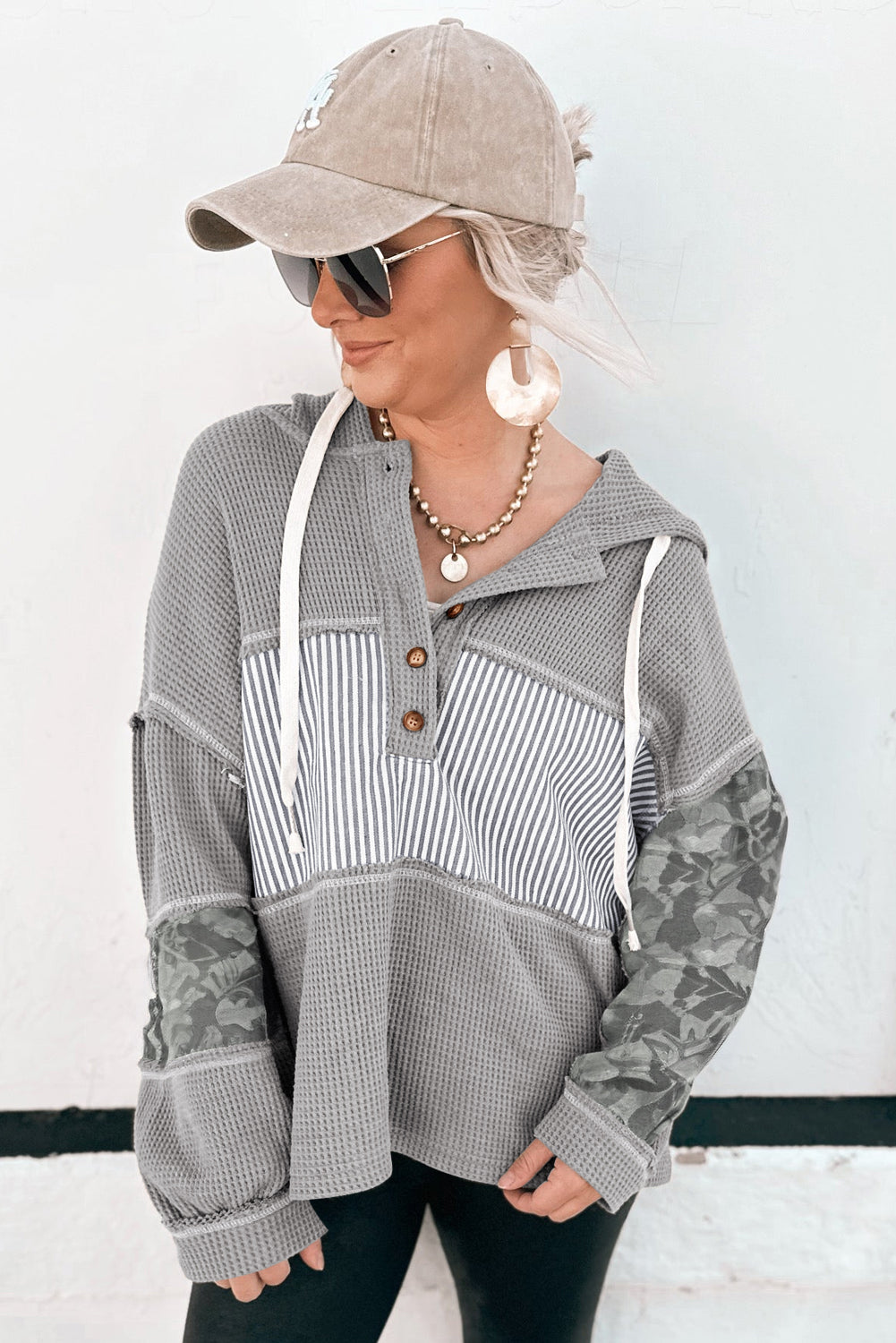 Waffle Patchwork Stripe Print Hooded Long Sleeve Top
