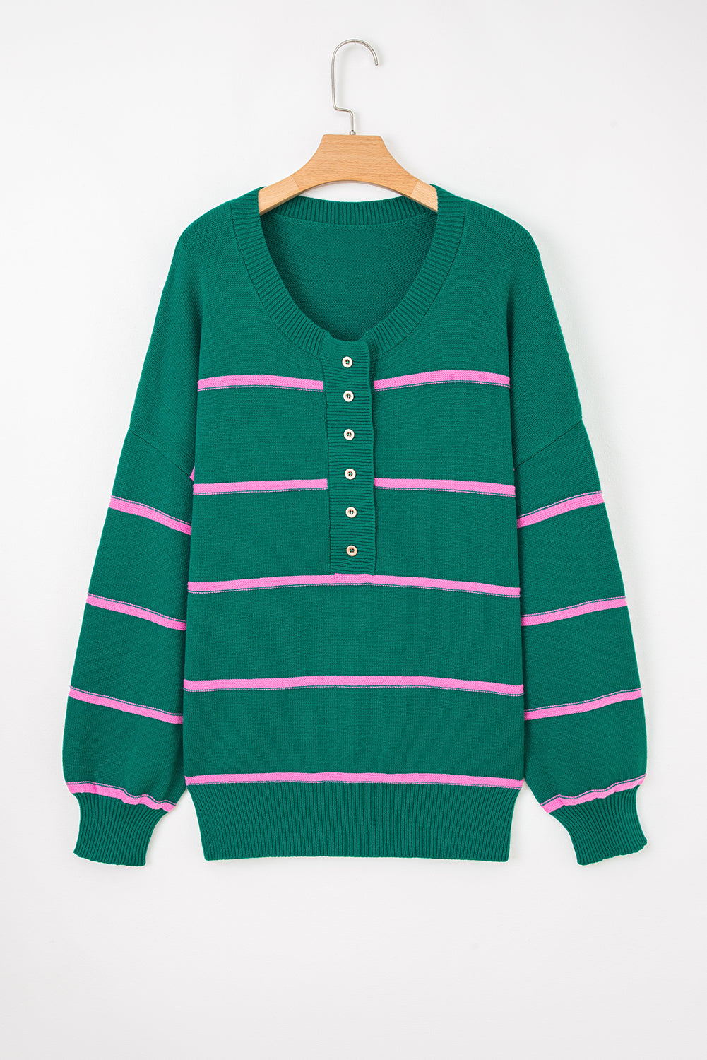 Stripe Half Button Drop Shoulder Plus Size Sweater