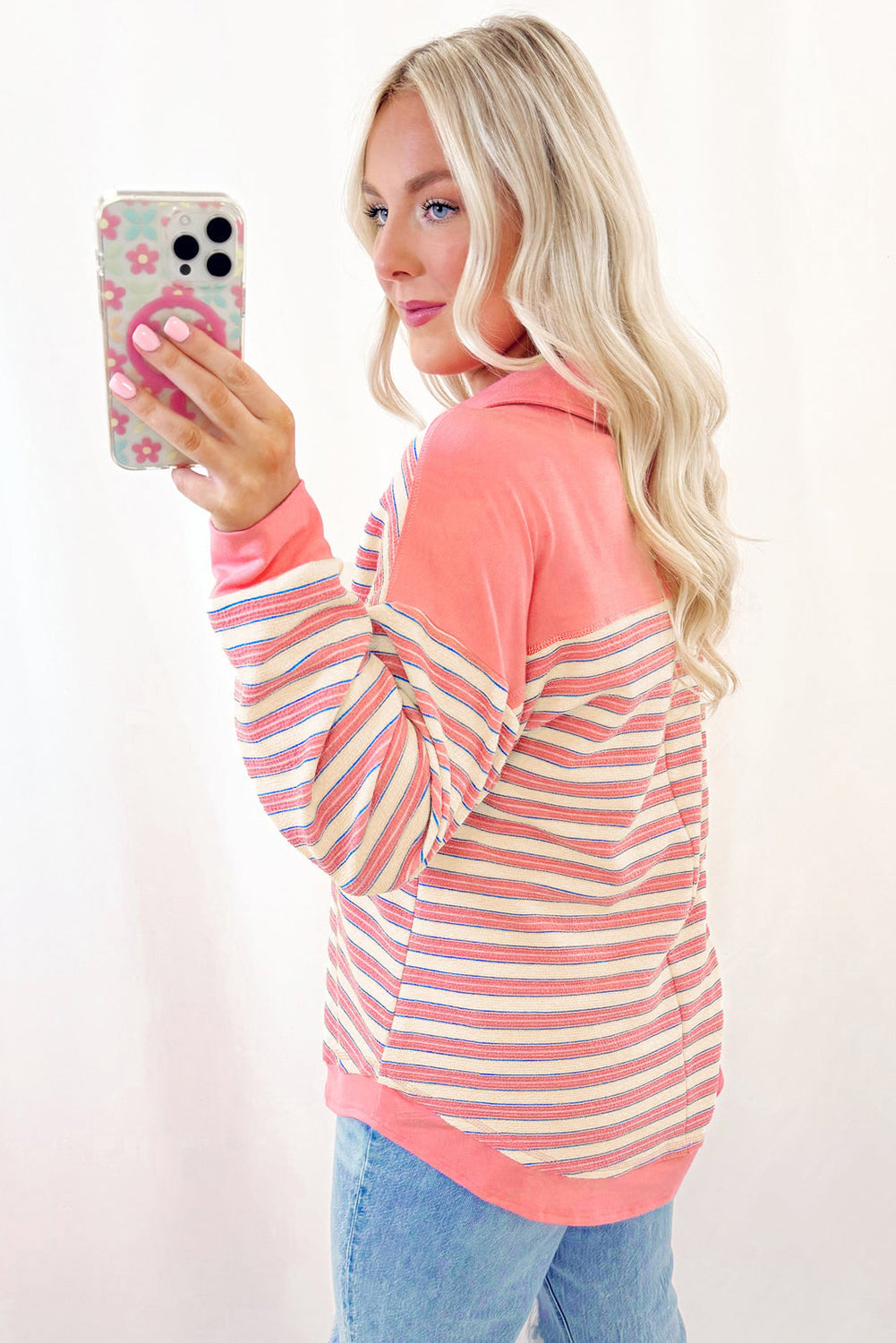 Buttoned V Neck Collared Drop Shoulder Top