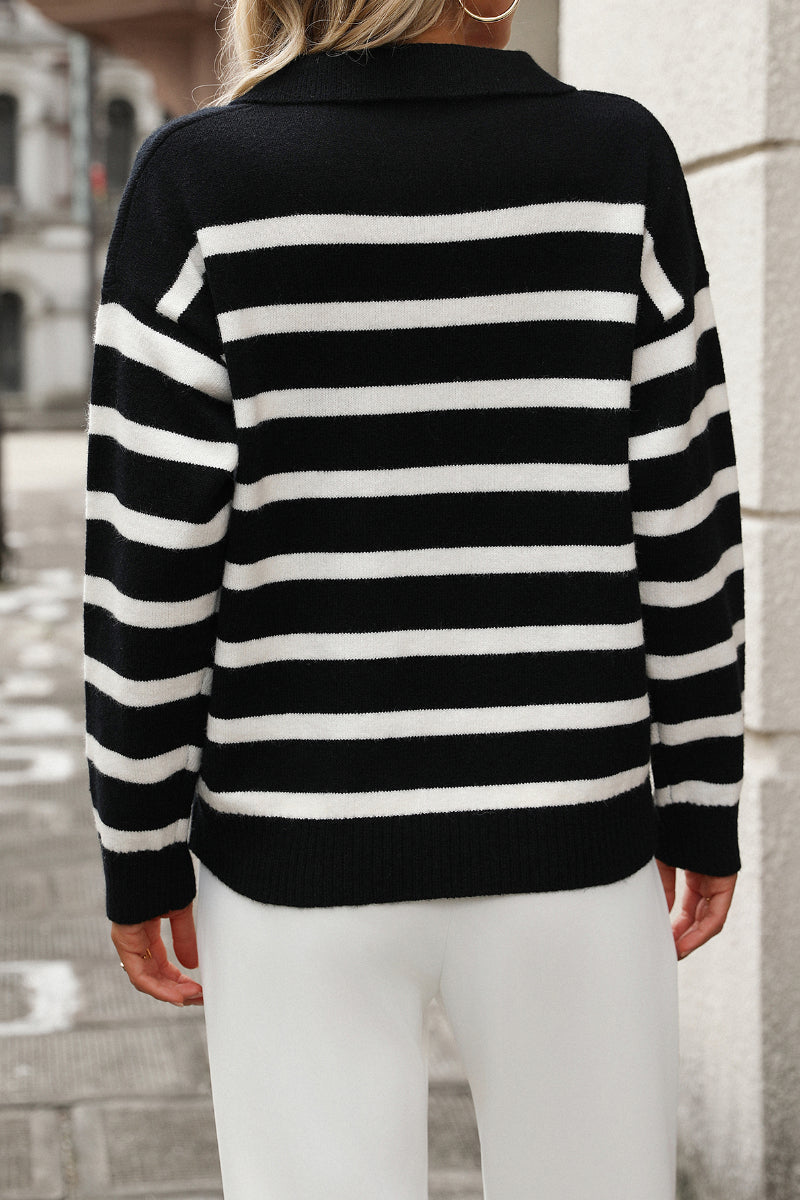 Womens Striped Collared V Neck Knit Sweater Pullover