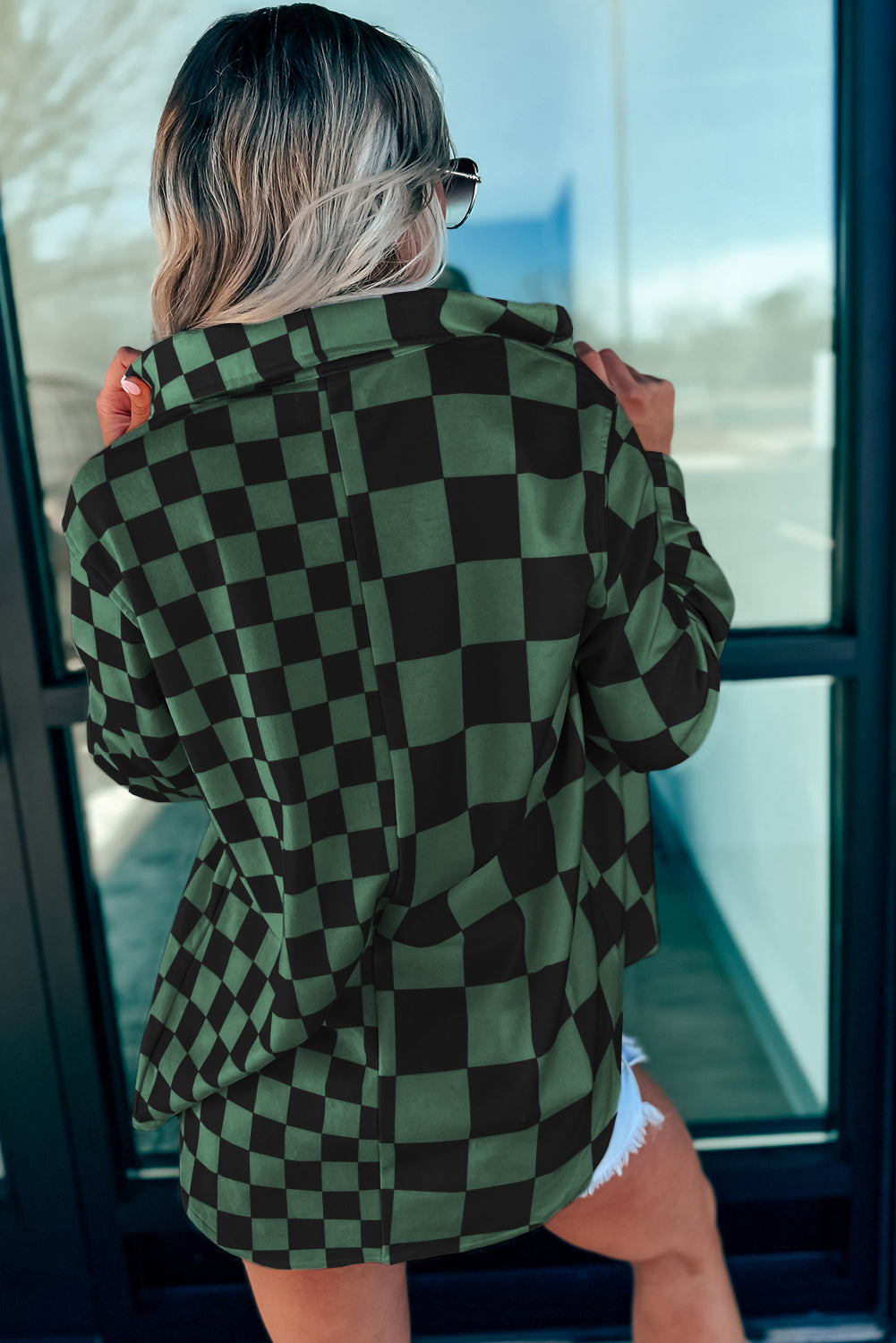 Checkerboard Plaid Button Front Casual Shacket