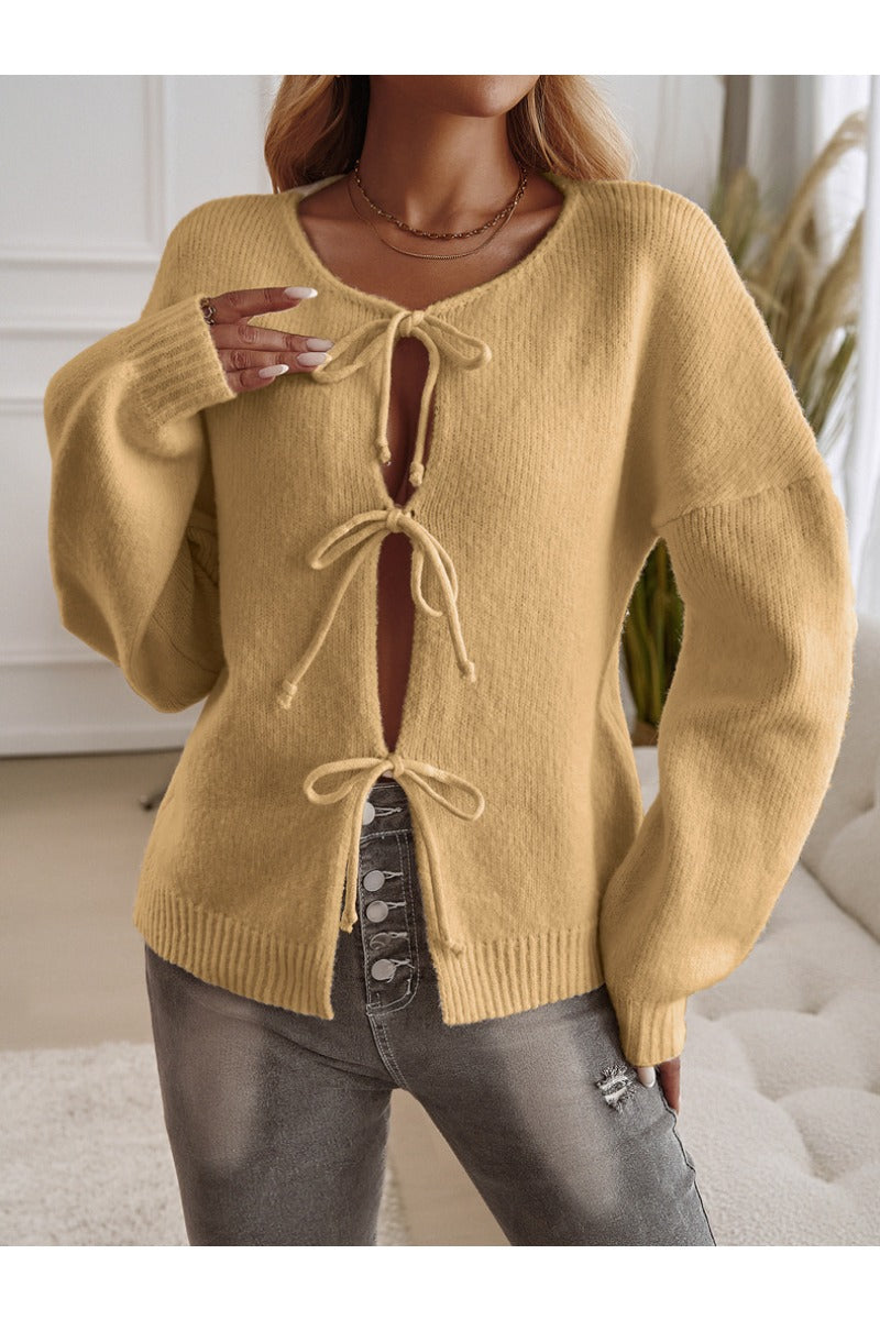 Casual Loose Cardigan Strap-Up Solid Color Sweater