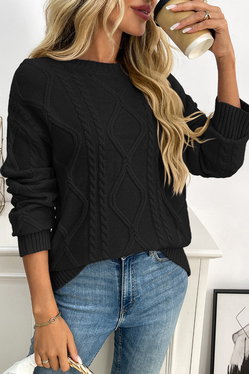 Women Cable Knit Crew Neck Pullover Sweater