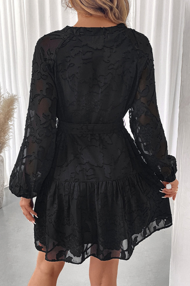 Festive Jacquard Long Sleeve Belted Party Dress