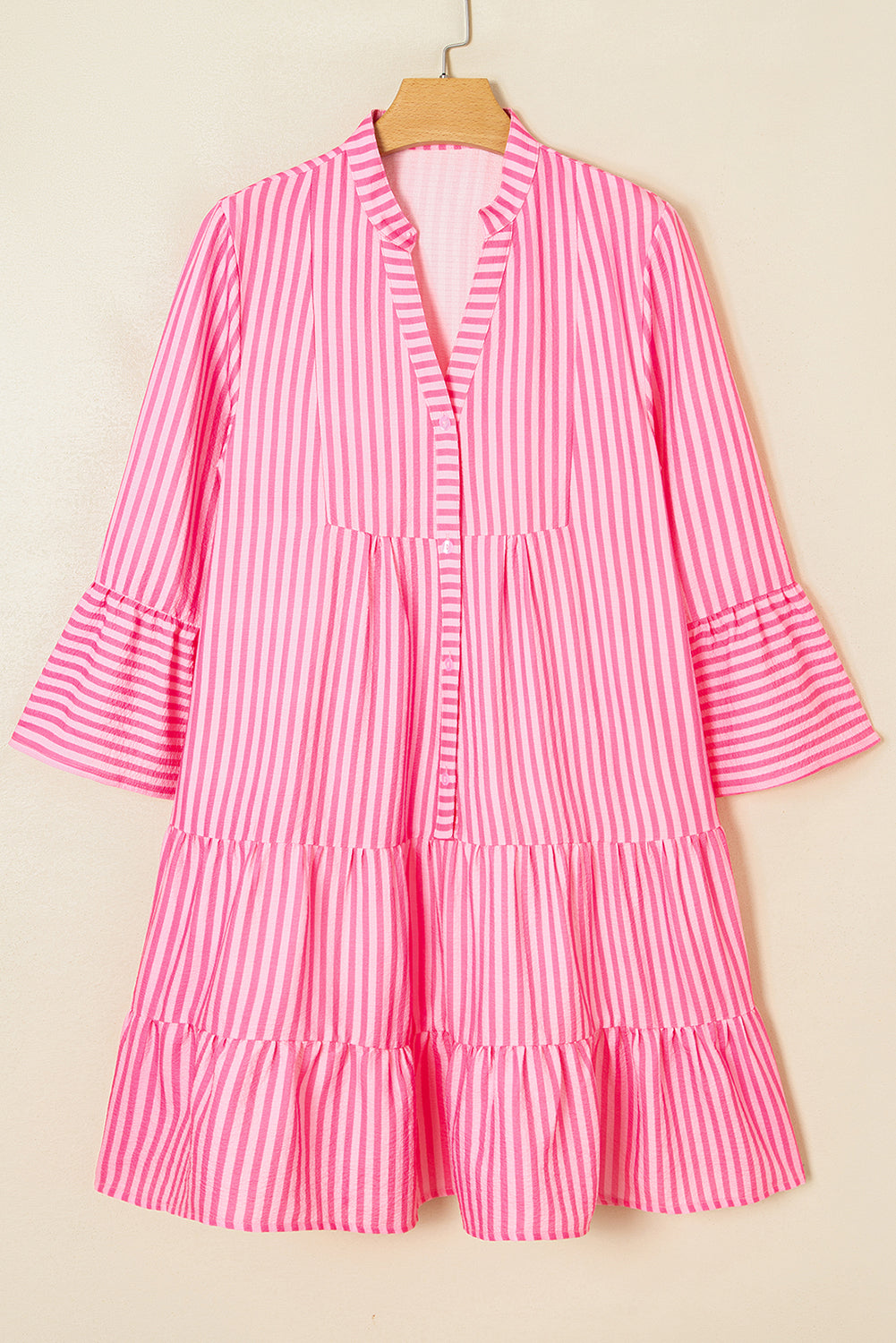 Pink Stripe V Neck Flare Sleeve Mini Dress