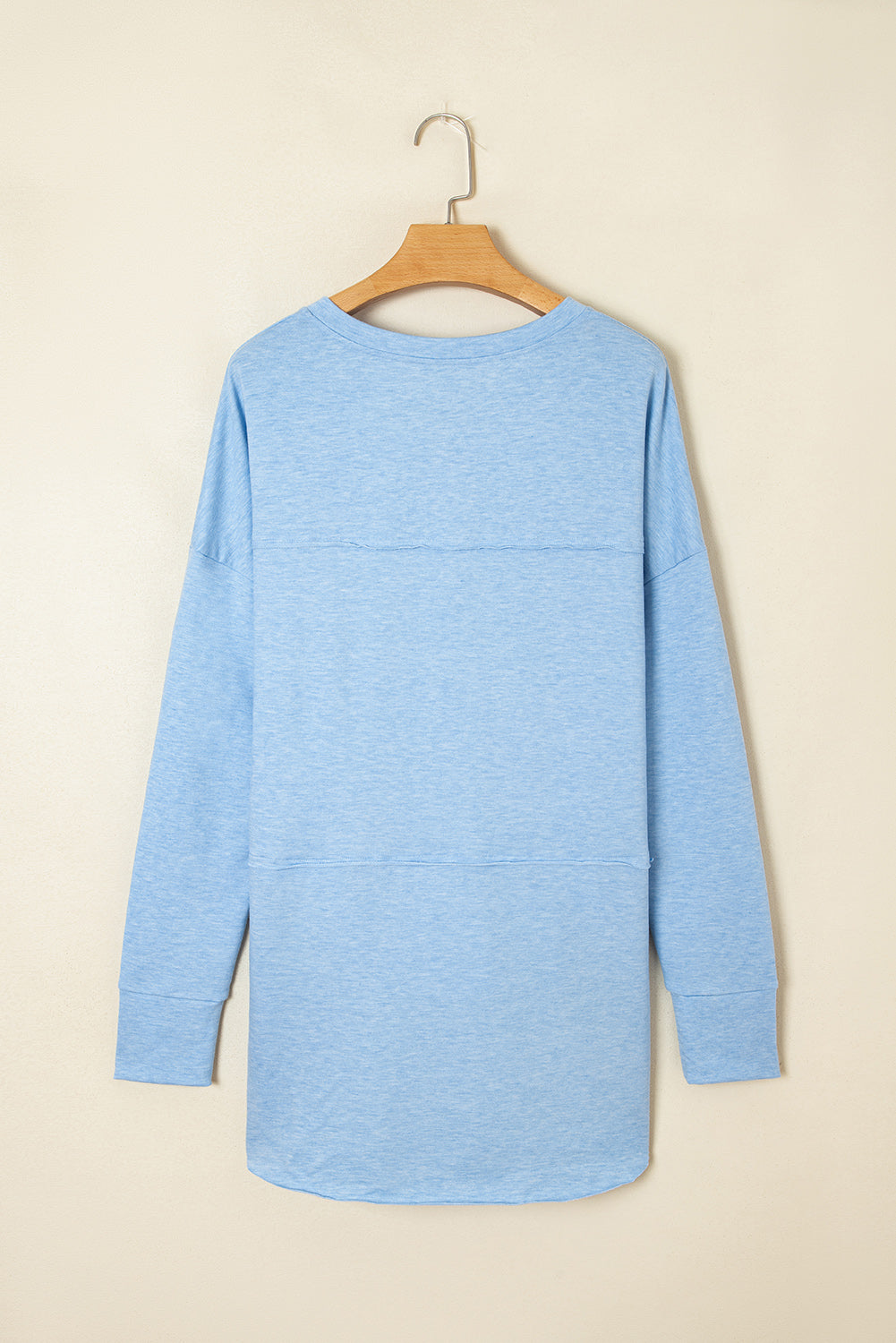 Smoke Green Notched Neck Terry Raw Hem Long Sleeve Top