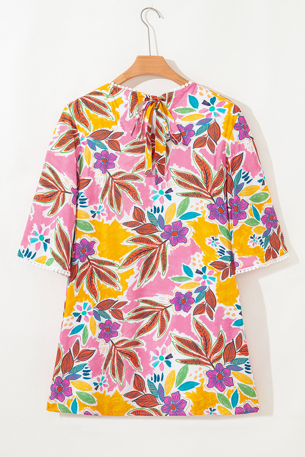 Floral Print Lace Trimmed Tie Back Bell Sleeve Mini Dress