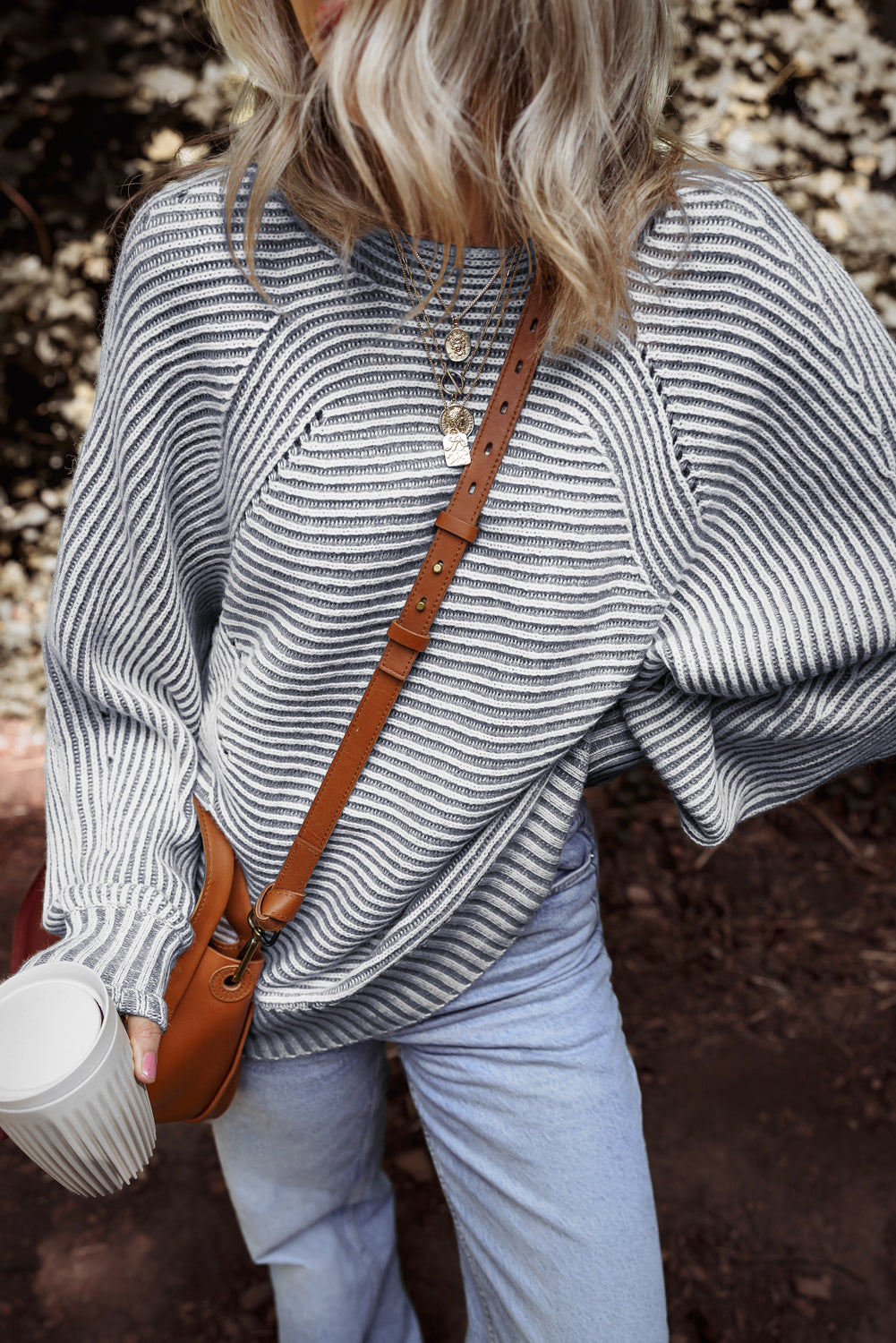 Striped Knit Oversized Boat Neck Fall Sweater
