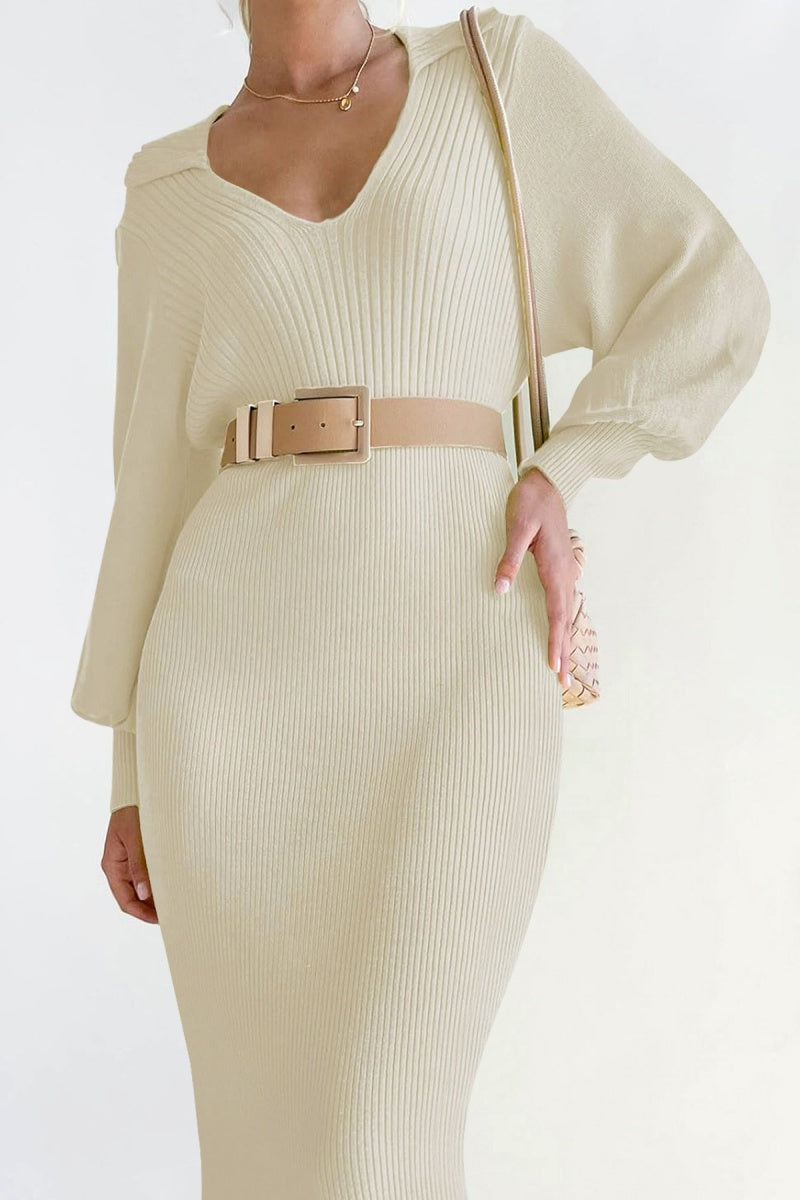 Elegant V Neck Lantern Sleeve Knit Belted Midi Sweater Dress