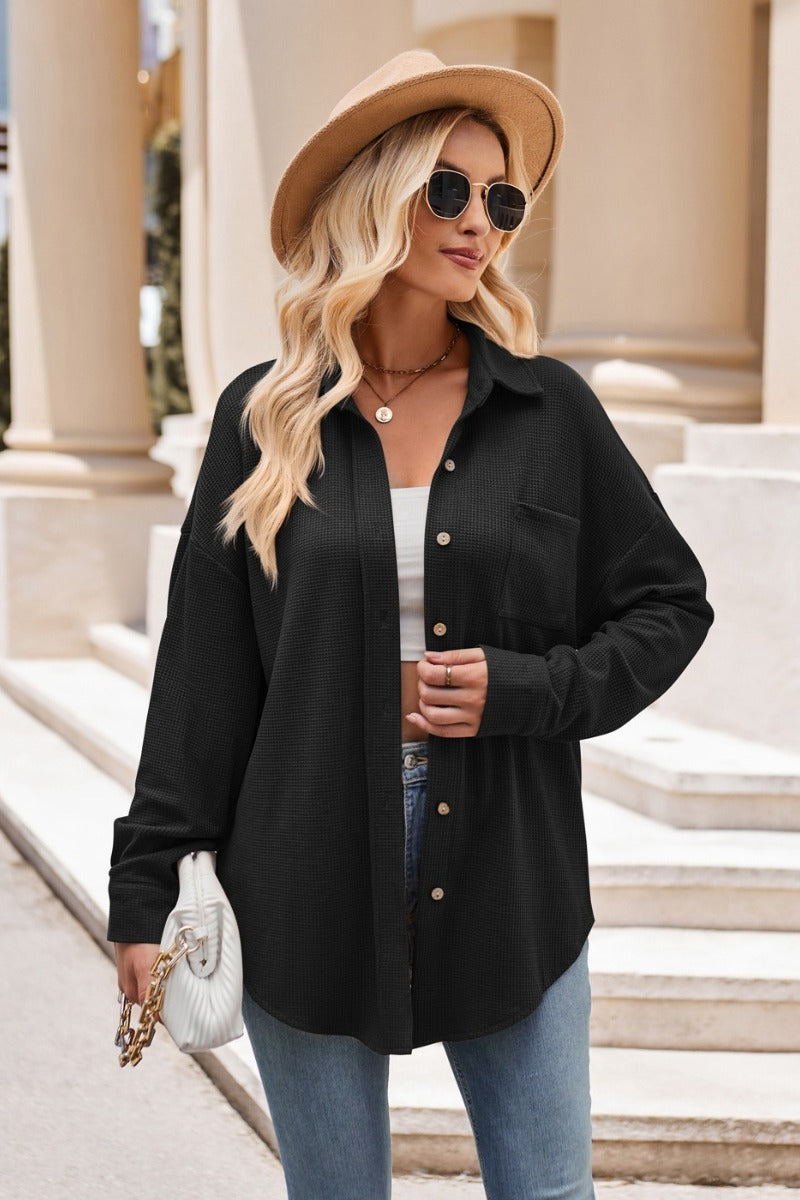 Waffle Knit Button Down Loose Fit Pocket Shirt Top