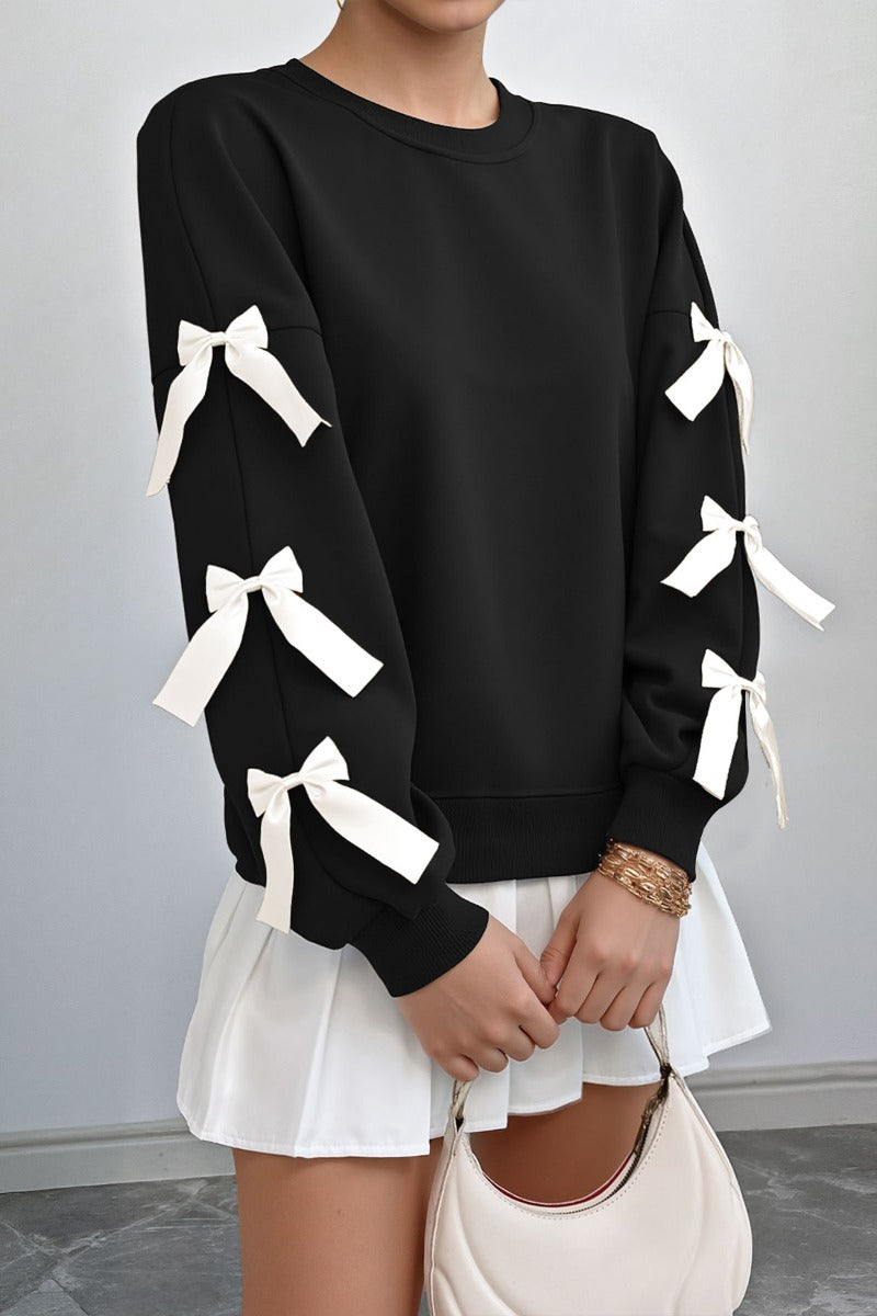 Crew Neck Pullover Top 3D Bowknot Trim Loose Sweatshirts