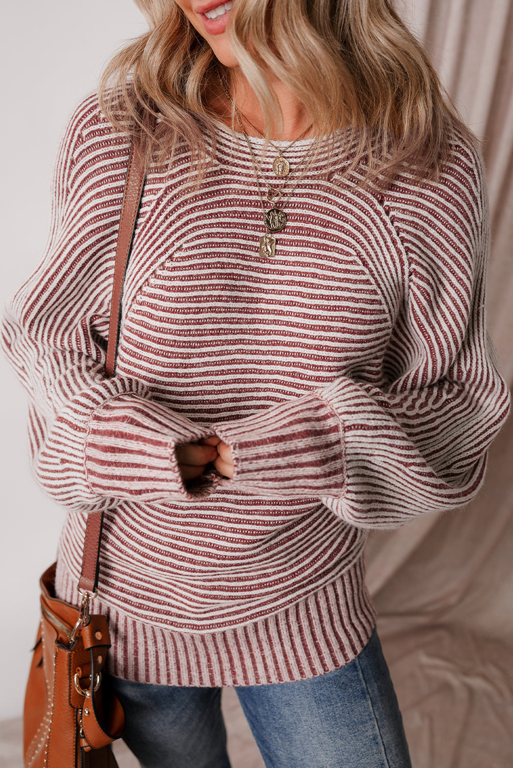 Striped Knit Oversized Boat Neck Fall Sweater