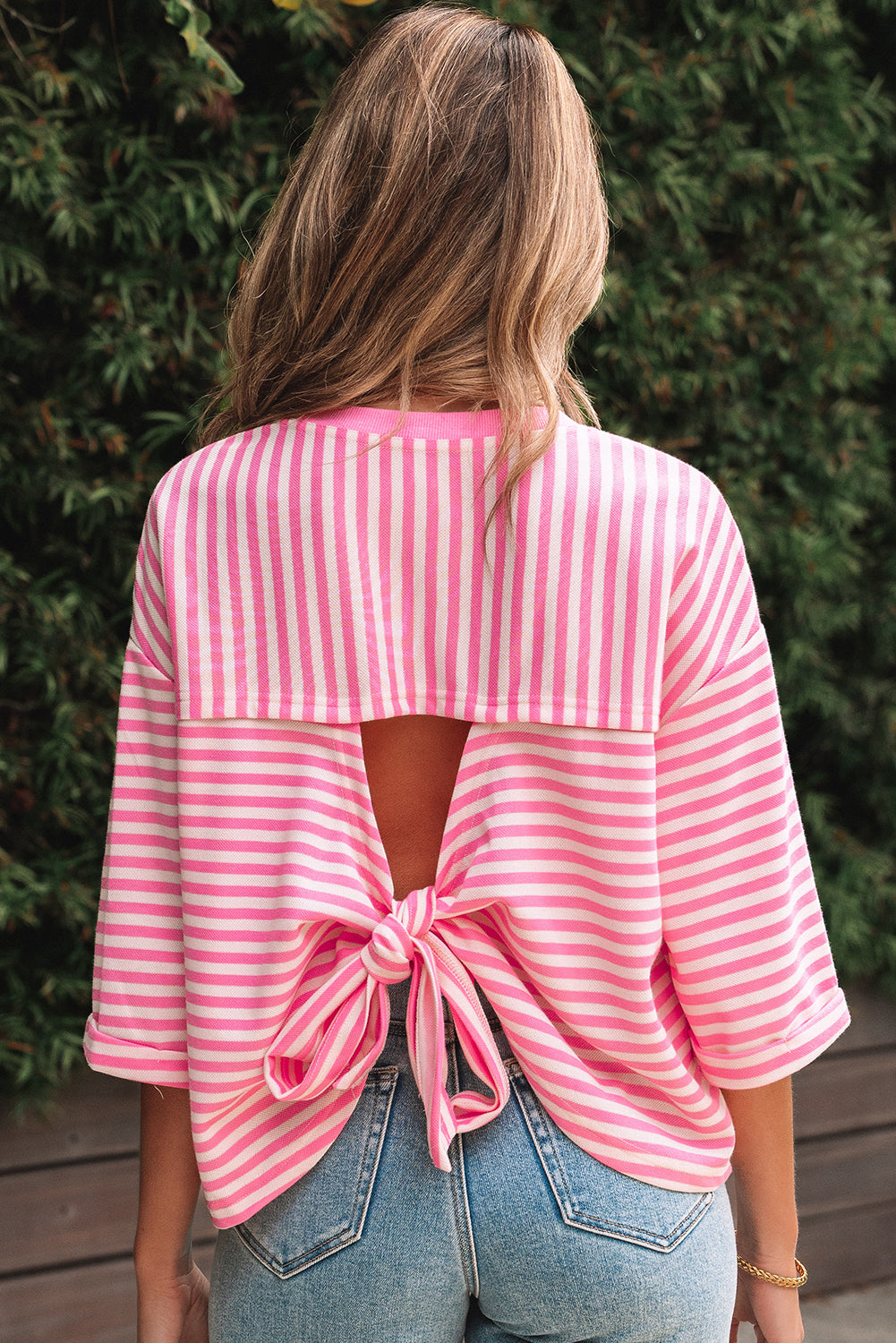 Striped Bow Back Cutout Wide Sleeve Loose Top