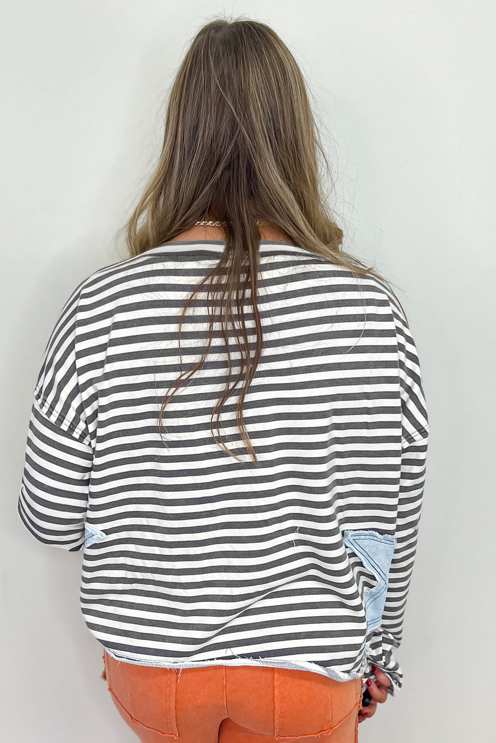 Gray Stripe Knit Top with Star Patch Detail