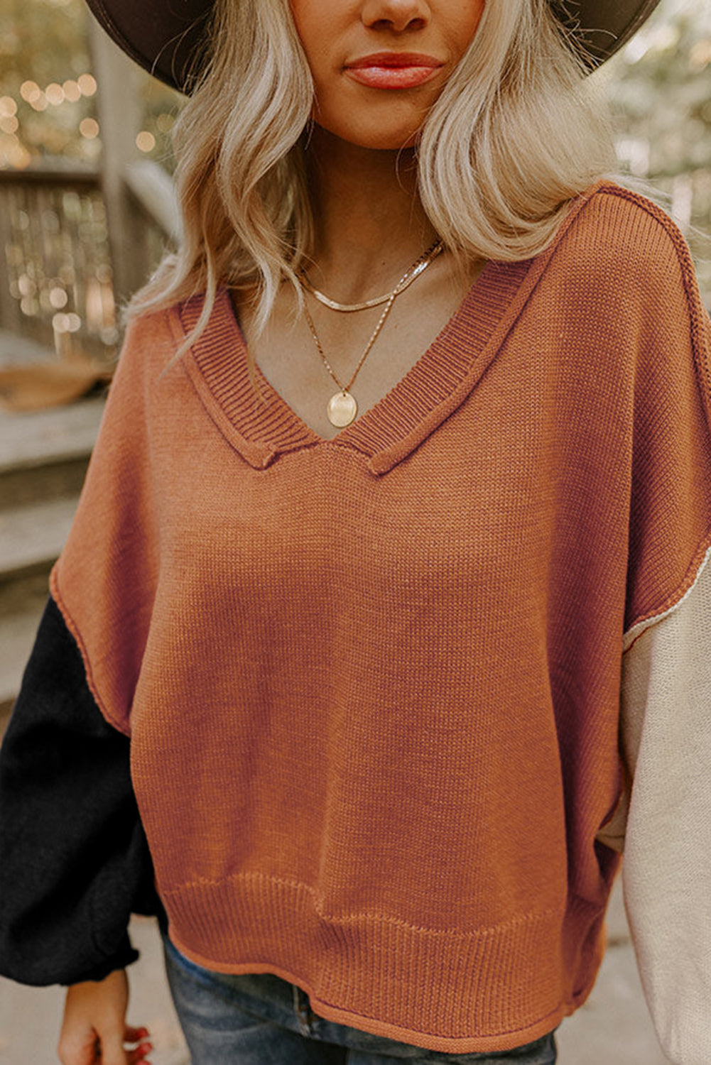 Desert Gold Colorblock Bubble Sleeve V Neck Sweater