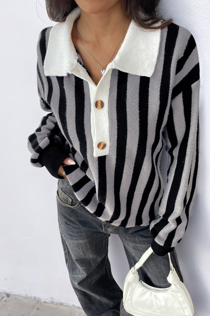 Striped Knit Collared Pullover Sweater Top