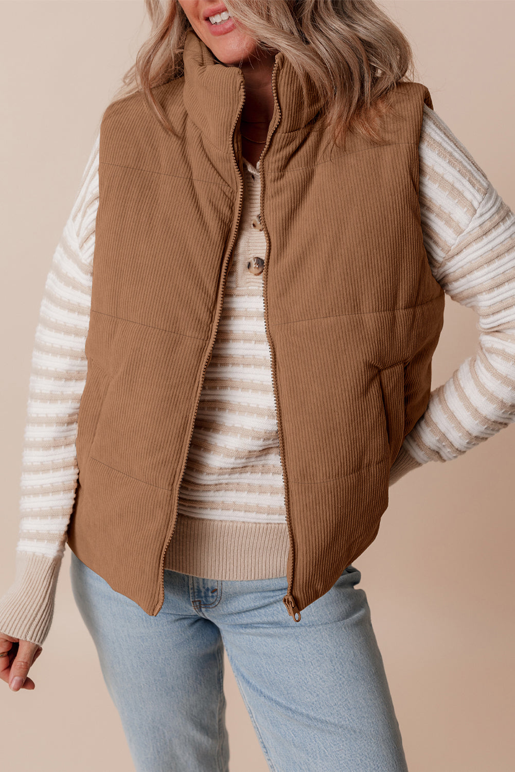 Fall Winter Corduroy Stand Neck Puffer Vest