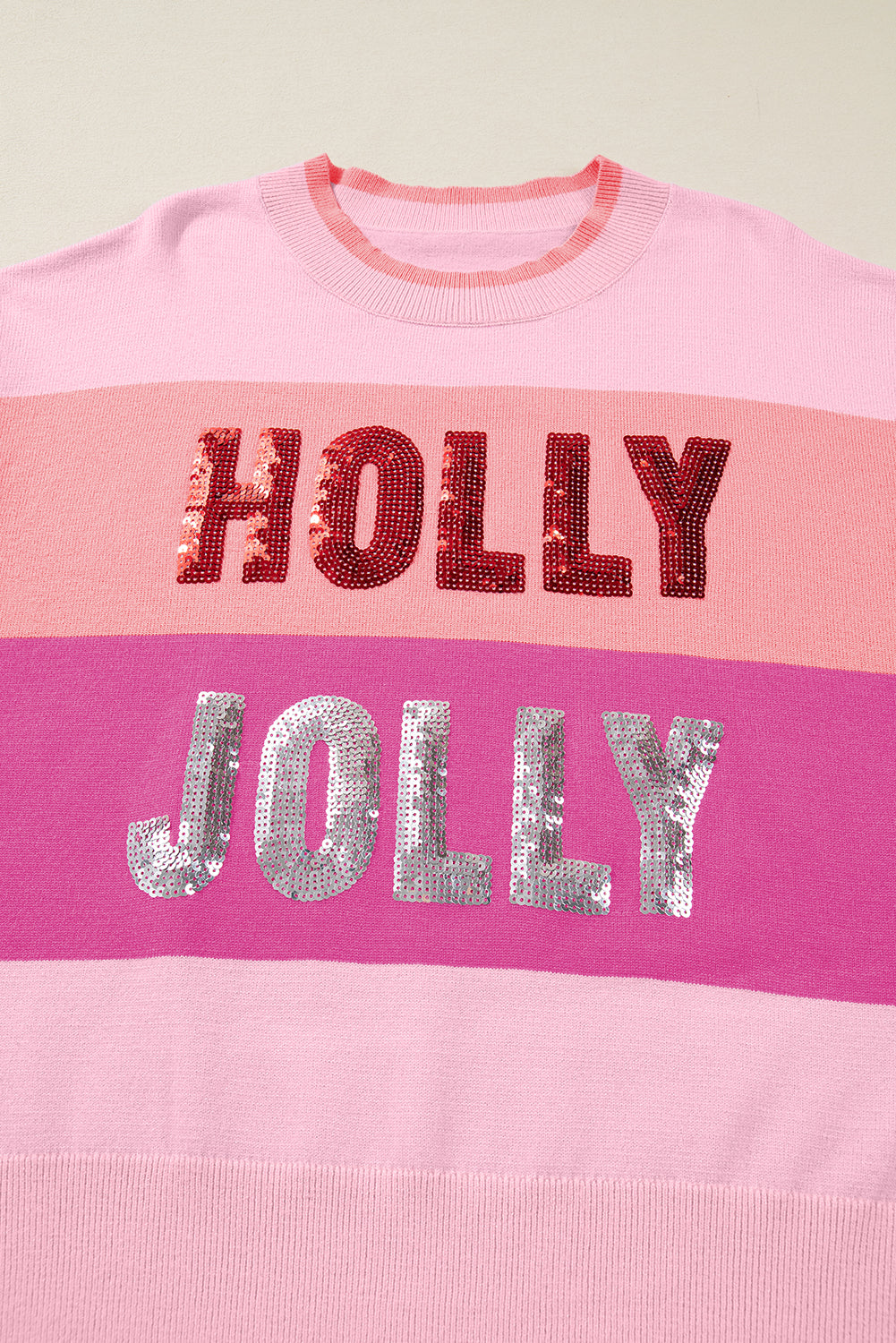 Sequined HOLLY JOLLY Color Block Crew Neck Sweater