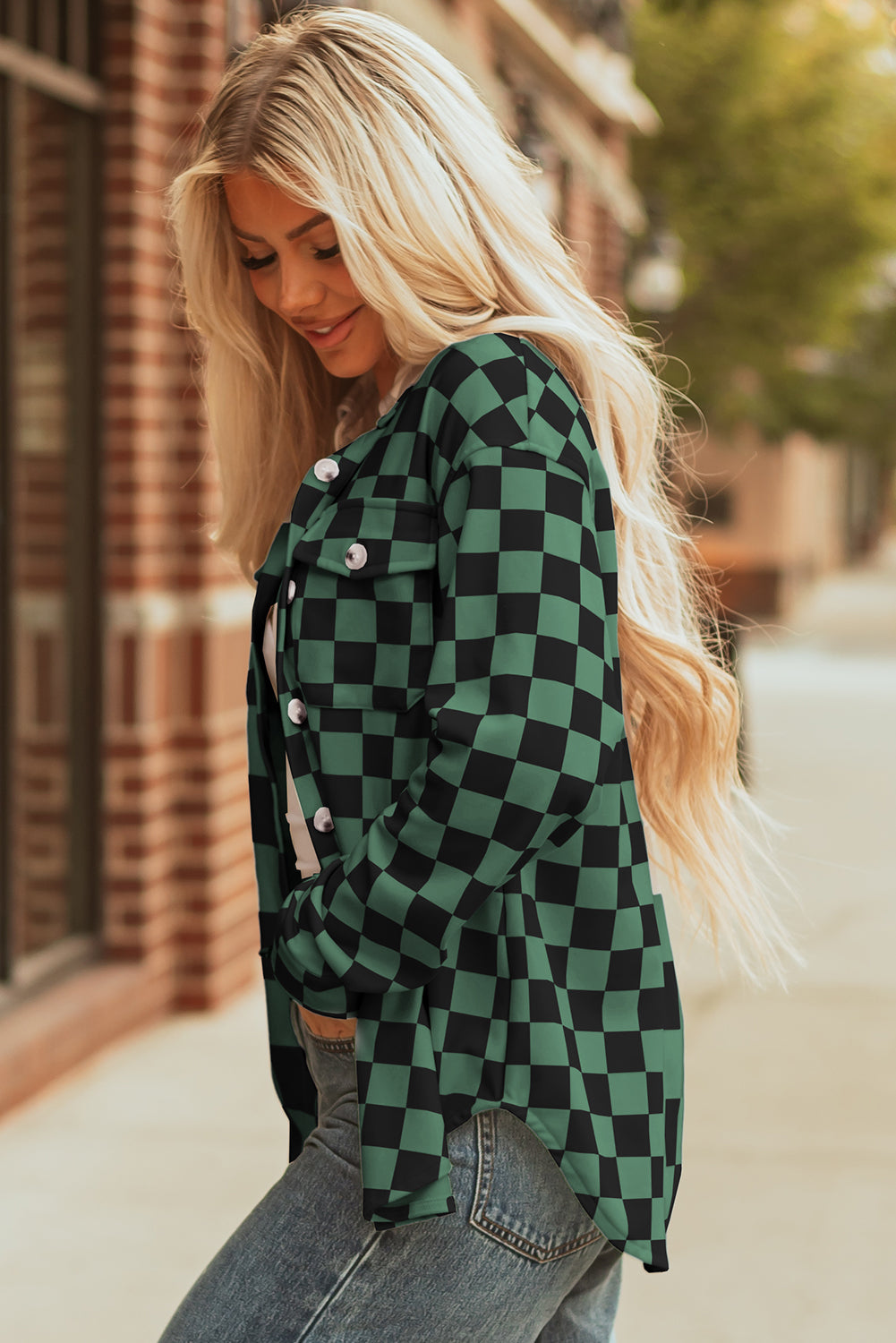 Checkerboard Flap Pocket Button Front Shacket