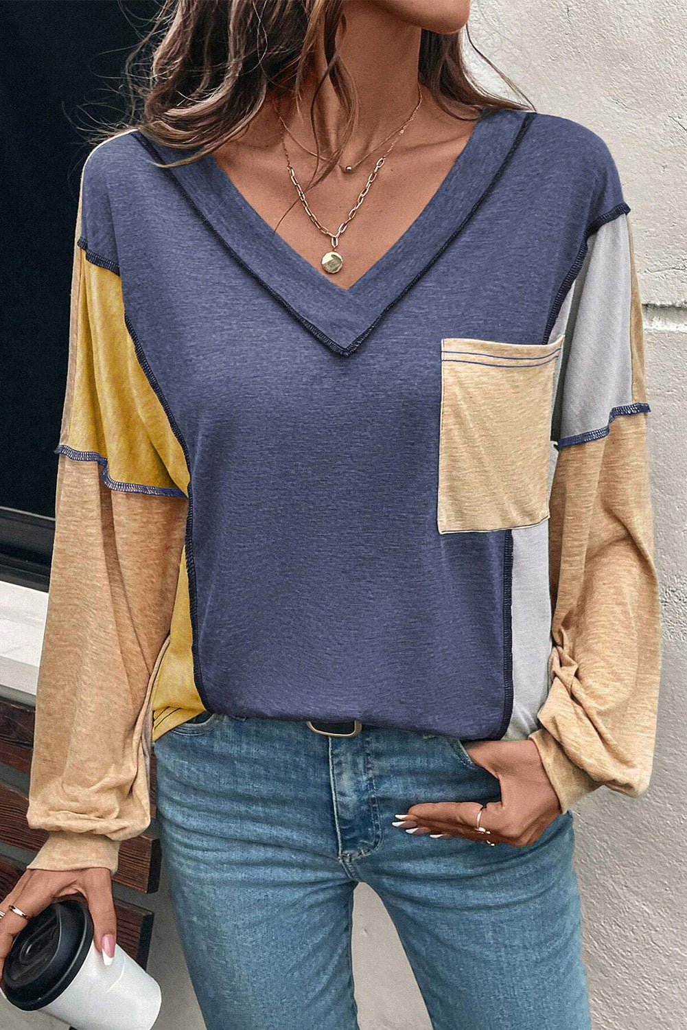 Colorblock V Neck Exposed Stitch Long Sleeve Top