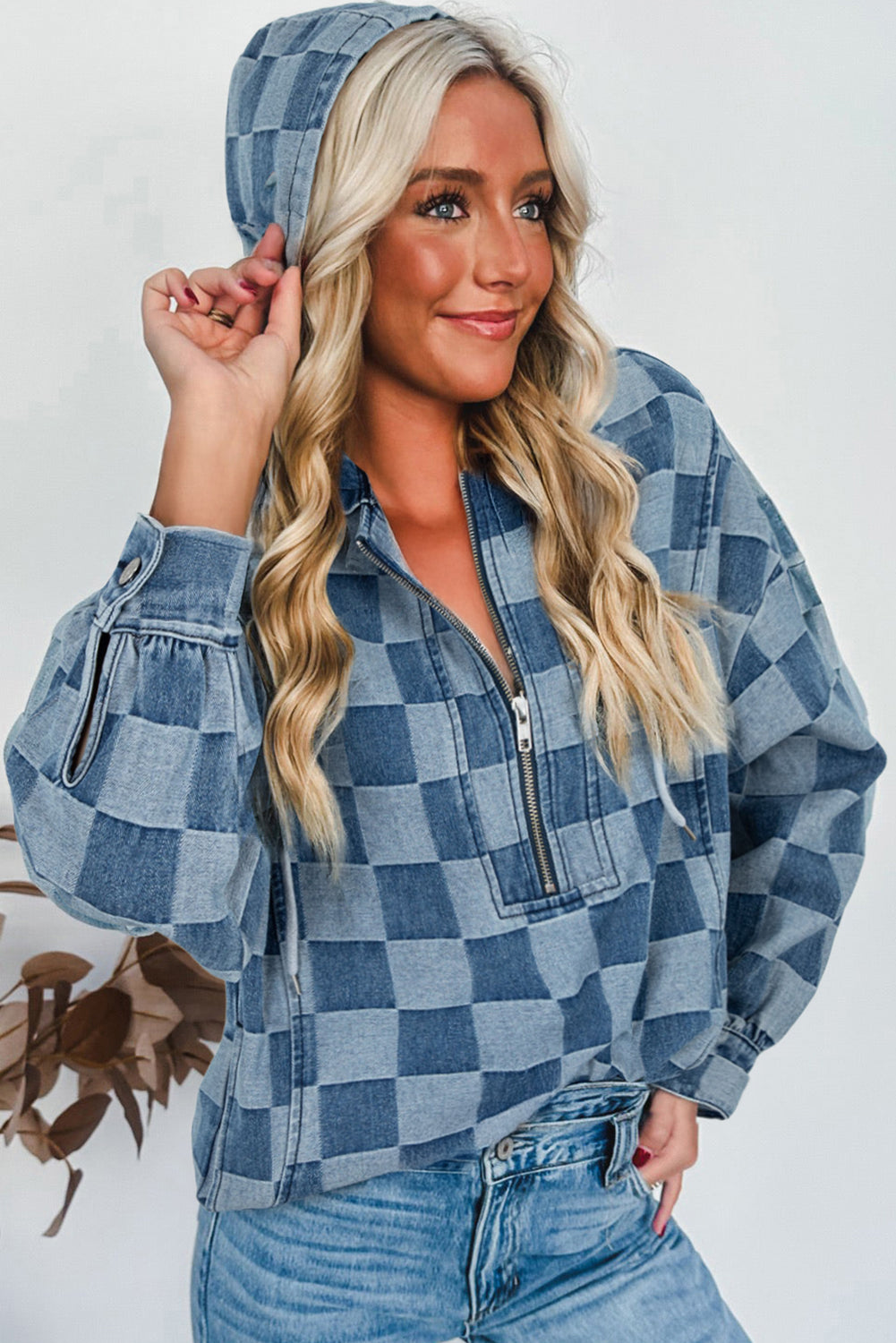 Checkerboard Quarter Zip Kangaroo Pocket Denim Top