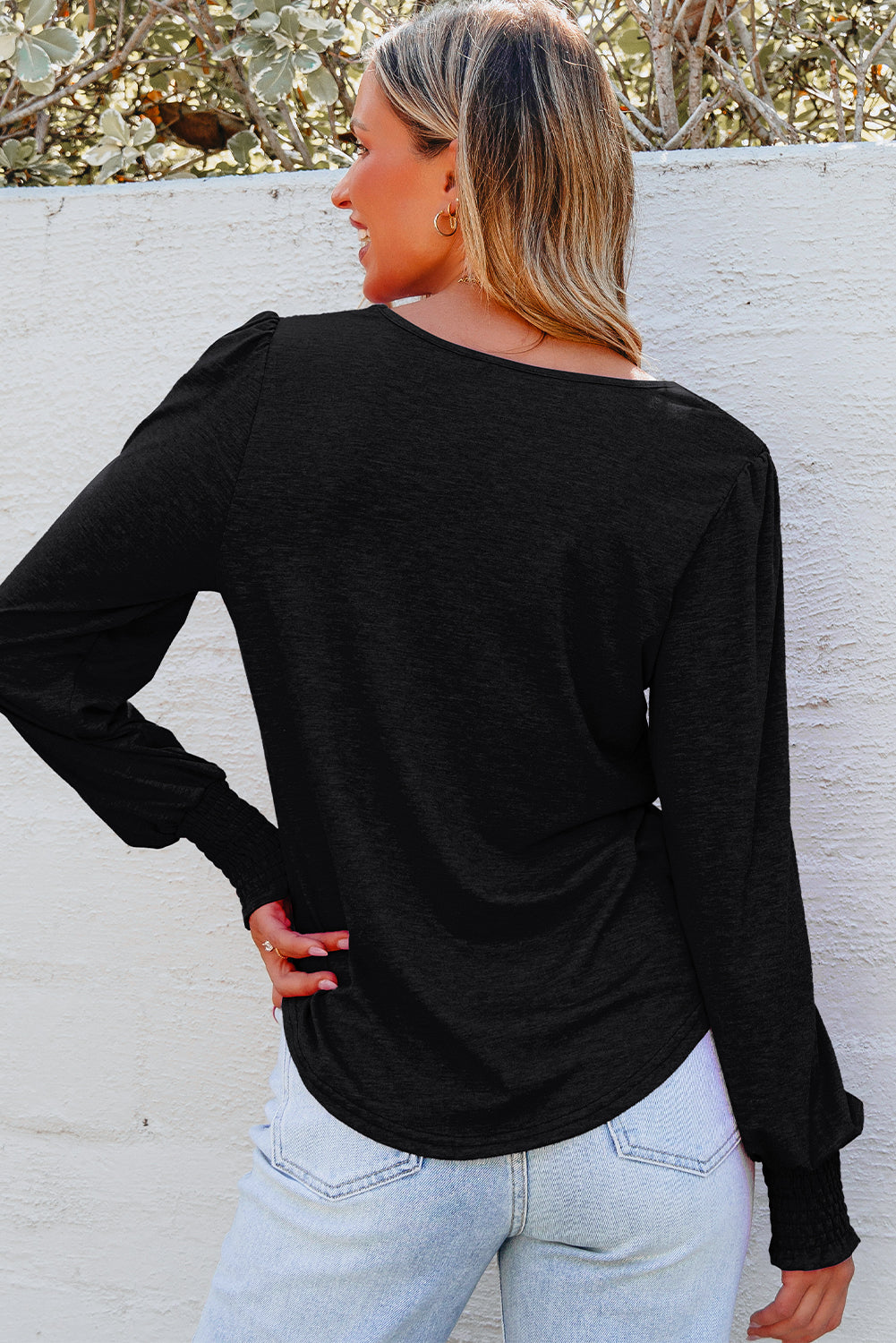 Shirred Shoulder Frilled Cuffs Long Sleeve Top