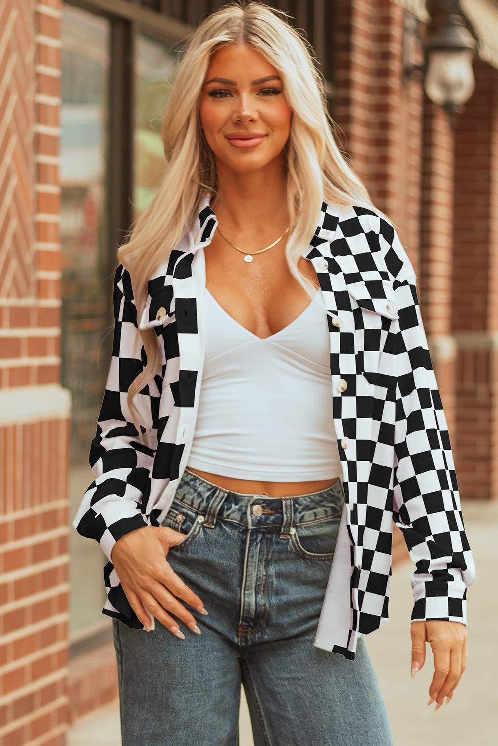 Checkerboard Flap Pocket Button Front Shacket