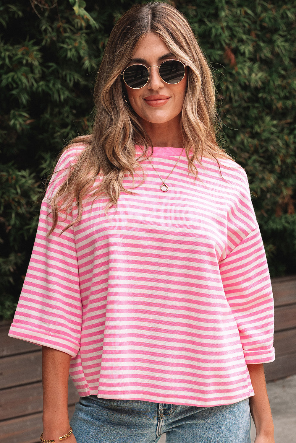 Striped Bow Back Cutout Wide Sleeve Loose Top
