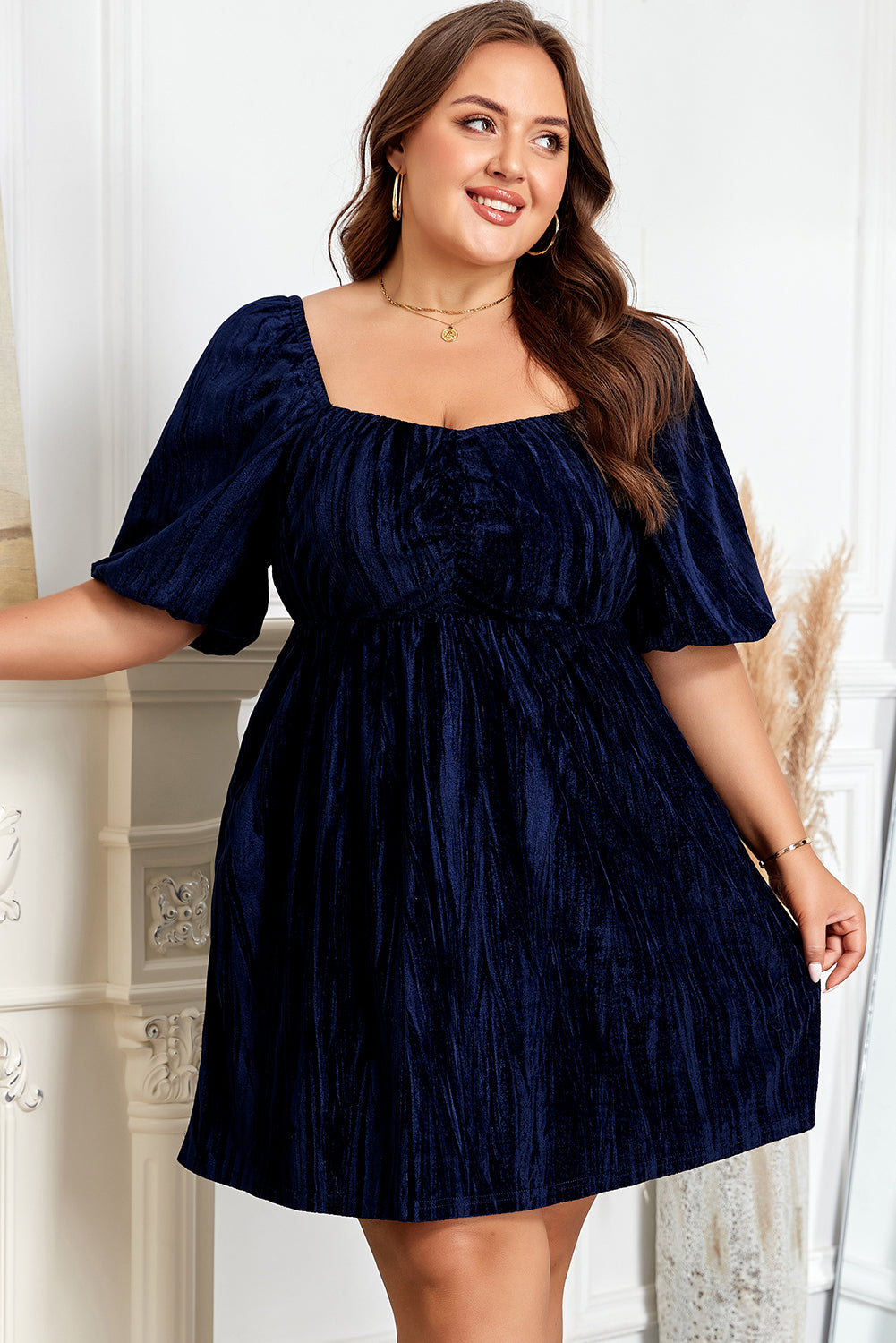 Velvet Ruched Bust Square Neck Puff Sleeve Plus Dress
