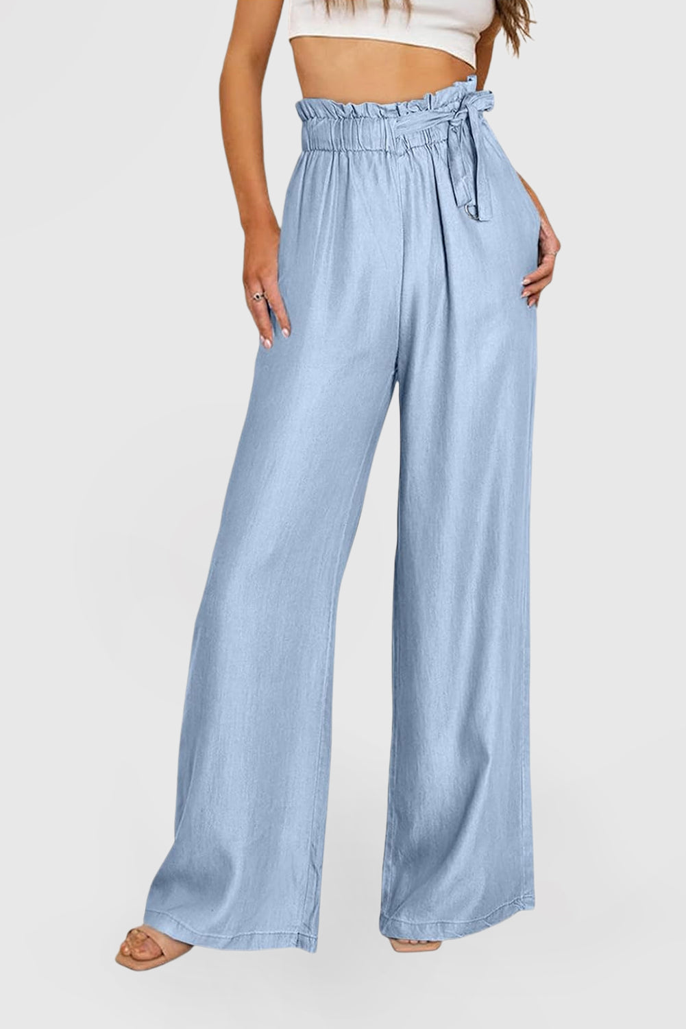 Women's High-Rise Wide-Leg Drawstring Denim Pants