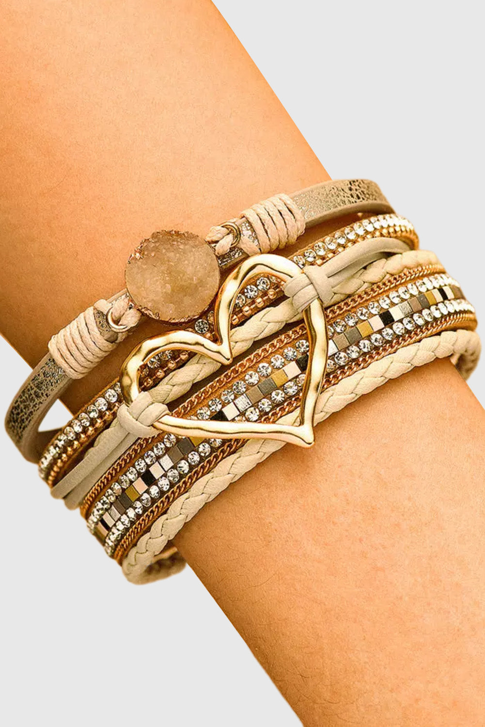 Beige Bohemian Heart Rhinestone Magnetic Buckle Bracelet