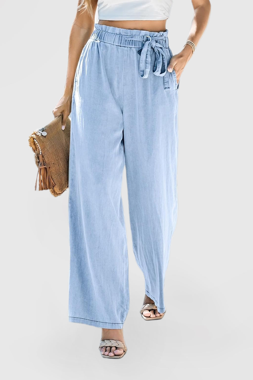 Women's High-Rise Wide-Leg Drawstring Denim Pants